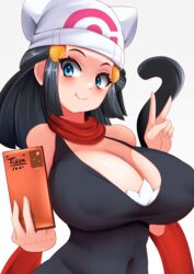 1girls alternate_breast_size animal_ears big_breasts blue_eyes blue_hair blush breasts cat_ears cat_tail dawn_(pokemon) female hat huge_breasts long_hair nintendo peace_sign pokemon pokemon_dppt scarf selfie smile solo tail tiger1001 upper_body