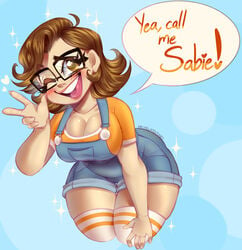 1girls 5_fingers big_breasts blush brown_eyes brown_hair busty cleavage clothed clothing female female_only glasses large_breasts looking_at_viewer overalls physisinwonderland rule_63 saberspark sabiespark safe_for_work sfw shirt smile solo speech_bubble text thick_thighs thigh_highs thighhighs wink youtube youtuber