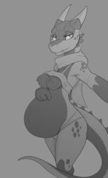 absurd_res anthro bastiel bra bra_lift clothing female greyscale hi_res kobold lizard monochrome mostly_nude moxxi_(bastiel) nipple_piercing nipples piercing pregnant pregnant_female reptile scalie scarf solo sports_bra underwear