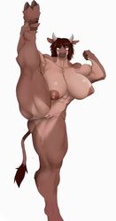 anthro areola audunor big_breasts bovid bovine breasts brown_hair cattle female flexible genitals hair hi_res mammal muscular muscular_female nipples nude one_leg_up pussy raised_leg simple_background solo splits spread_legs spreading standing thick_thighs vertical_splits white_background