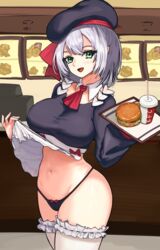 1girls apron belly_button big_breasts black_panties breasts female female_only flashing food genshin_impact green_eyes hat kfc looking_at_viewer loooyd noelle_(genshin_impact) noelle_(kfc)_(genshin_impact) panties short_hair smile thick_thighs thighhighs underwear waitress white_hair