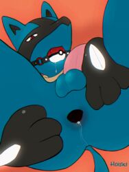 anus ass ball_gag balls black_body black_fur blue_body blue_fur bodily_fluids drooling fur gag genitals hi_res hoisxi lucario male male_only multicolored_body multicolored_fur nintendo orange_background penis pokemon pokemon_(species) presenting presenting_anus red_eyes saliva simple_background solo spikes spikes_(anatomy) spread_anus spreading two_tone_body two_tone_fur video_games