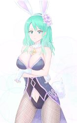 1girls alternate_costume animal_ears bare_shoulders breasts bunny_ears bunny_girl bunnysuit byleth_(fire_emblem) byleth_(fire_emblem)_(female) expressionless female fingerless_gloves fire_emblem fire_emblem:_three_houses fishnet_legwear fishnet_stockings fishnets gloves green_eyes green_hair large_breasts lissa_(pikabeeart) medium_hair nintendo playboy_bunny simple_background solo