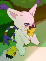 2021 3_fingers 3_toes alacarte anthro blue_eyes blush bodily_fluids clothing digimon digimon_(species) feet felid feline female fingers fur gatomon gloves hand_on_mouth handwear hi_res mammal masturbation solo sweat toes video_games white_body white_fur