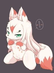 ... anthro blush breasts canid canine eyebrows female fox fur genitals green_eyes grey_background hair kemono kneeling looking_at_viewer mammal multi_nipple nipples nude pussy red_body red_fur simple_background small_breasts solo ukan_muri white_body white_fur white_hair