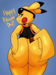 anthro anthrofied ass ass_grab big_booty_pikachu brown_eyes captured catcher fur furry furry_only huge_ass looking_at_viewer looking_back male male_only nintendo pikachu pokémon_(species) pokemon solo sunglasses tail text thick_ass thick_thighs thighs