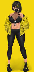 abs big_breasts black_bra black_hair black_legwear black_mask black_panties dark-skinned_female dark_elf dark_hair dark_skin elf elf_ears elf_female eyewear_removed female female_only hair_between_eyes hair_over_one_eye hand_in_pocket leggings lilith_(lilycious) lilycious long_hair looking_at_viewer mask masked mole mole_on_breast multicolored_hair pointy_ears sneakers sunglasses sunglasses_removed two_tone_hair yellow_background yellow_eyes yellow_hair