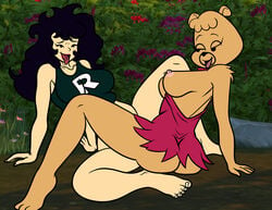 2girls anthro ass bear breasts breasts_out commission daisy_mayhem female floral_rugg hanna-barbera human laff-a-lympics multiple_girls nipples outdoors ryujisama scissoring tagme the_hillbilly_bears tribadism yellow_fur yuri