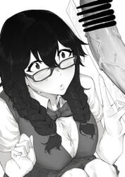 1girls black_and_white black_hair blush censored clothes cock_shock dawalixi female glasses hair_between_eyes jimiko large_breasts measuring_penis monochrome original penis penis_awe penis_bigger_than_measuring_device pointless_censoring ruler school_uniform surprised sweat tagme twin_braids veiny_penis