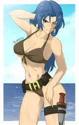 1girls barely_clothed belt blue_eyes blue_hair breasts female female_only half-closed_eyes ikari_warriors king_of_fighters knife leona_heidern posing sea simple_background snk ta-na tagme