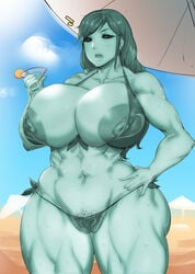 1girls abs alternate_costume areola_slip areolae armpit_hair beach breasts brown_eyes bursting_breasts chun-li clone curvaceous curvy curvy_figure drink edit eleven_(street_fighter) grey_skin hand_on_hip happy_trail huge_nipples large_areolae large_breasts long_hair micro_bikini midriff mimic muscle muscular_female muscular_legs muscular_thighs natedecock nipple_slip nipples outdoors pubic_hair pubic_hair_peek puffy_areola puffy_nipples slime_girl solo solo_female solo_focus street_fighter street_fighter_v sweat tan thick_thighs venus_body voluptuous wide_hips