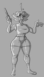 1girls big_breasts booty_shorts breasts crop_top freckles gun holding_weapon mae_(shewiff) mob_face monochrome shaded shewiff shiny_skin smile smug smug_face solo standing tall thick_thighs wide_hips |_|