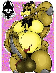 1boy 2021 animatronic anthro bear big_balls big_penis black_nose bow_tie bowtie dogmanart five_nights_at_freddy's gay golden_body golden_freddy_(fnaf) grabbing_penis half-closed_eyes hands_behind_head hat looking_at_viewer machine male male_only robot short_tail smile tail teeth thick_balls thick_penis top_hat white_eyes yellow_body