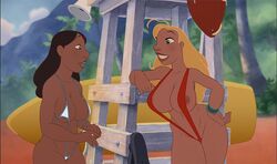 2girls black_hair blonde_hair busty dark-skinned_female dark_skin disney edit hourglass_figure human lifeguard_(lilo_and_stitch) lilo_and_stitch long_hair monkeyman_(artist) multiple_girls nani_pelekai sling_bikini tagme wide_hips wristwatch wristwear