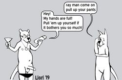 achewood alcohol annoyed anthro balls beverage clothed clothing dialogue domestic_cat duo english_text eyewear felid feline felis genitals glasses hand_on_head holding_object jewelry male mammal medallion necklace open_mouth pants_down partially_clothed penis ray_smuckles redo_(artist) roast_beef_kazenzakis simple_background speedo swimwear text wine