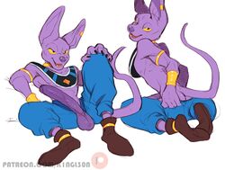 anthro ass balls beerus boner bottomwear clothing domestic_cat dragon_ball dragon_ball_super ear_piercing ear_ring erection felid feline felis genitals gold_(metal) gold_jewelry hi_res jewelry k1ngl30n male male_only mammal pants penis piercing presenting presenting_hindquarters purple_body simple_background solo white_background yellow_eyes