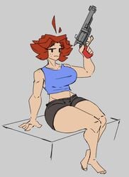 1girls auburn_hair big_breasts big_hair booty_shorts breasts crop_top freckles gun holding_weapon mae_(shewiff) mob_face original_character posing red_hair shewiff thick thick_eyebrows thick_thighs |_|