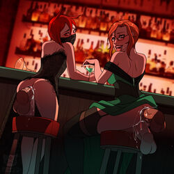 2girls ahe_gao alcohol anal bar corset disembodied_penis double_penetration dress glasses mask multiple_girls ninjakitty ninjakitty_(character) original original_character public red_eyes red_hair stockings thighs upskirt vaginal_penetration