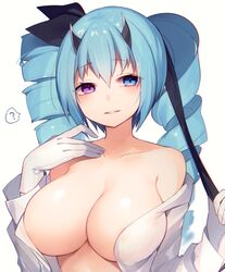 ? bad_id bad_twitter_id bare_shoulders blue_eyes blue_hair breasts collarbone covered_nipples drill_hair female gloves hair_ribbon hand_on_own_chest heterochromia holding horns huge_breasts long_hair looking_at_viewer muryotaro open_clothes open_shirt original purple_eyes ribbon shirt solo twin_drills upper_body white_background white_gloves