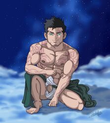 1boy abs beefcake biceps chest clouds dark_hair deity erect_penis god green_eyes gyee heaven human human_only male male_only muscular mythology night_sky on_knees penis pervert phallic_reference phallus precum priapus roman silverace tattoos yaoi