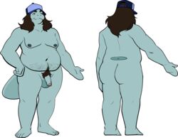 2021 5_toes anthro ass balls baseball_cap belt big_butt blue_clothing blue_hat blue_headwear brown_hair clothing deep_navel feet foreskin gay genitals glans grey_body grey_skin hair hat headgear headwear hi_res humanoid_genitalia humanoid_penis long_hair magnetiorchid male male_only mammal manatee marine model_sheet moobs mostly_nude navel nipples overweight overweight_anthro overweight_male penis pubes samuel_(millyficent) simple_background sirenian solo toes uncut unretracted_foreskin white_background