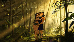 2girls ass ass_grab big_breasts black_hair eva_(tdi) full_body heather_(tdi) jungle legs light_skin long_hair outdoors rustysh4ckl3ford short_shorts softcore sun_rays sunset total_drama_(series) total_drama_island yuri