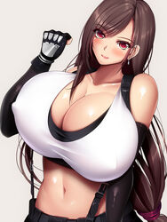 1girls bare_shoulders big_breasts blush breast_press breasts breasts_bigger_than_head brown_hair busty clothed earrings elbow_gloves female female_only final_fantasy final_fantasy_vii gloves huge_breasts human human_only humanoid large_breasts mikan_(5555) nipple_bulge nipples_visible_through_clothing red_eyes solo solo_female tagme tifa_lockhart top_heavy voluptuous