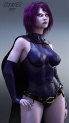 belt cape dc dc_comics dcau demon demon_girl hand_on_hip jaxxxer leotard purple_eyes purple_hair purple_skin raven_(dc) skin_tight smooth_skin superheroine teen_titans titans