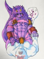 3:4 abs anal anthro argo_slothcat2 armor bathym blush bodily_fluids canid canine canis clothing cum cum_through_clothing demon duo fur genital_fluids hand_holding hi_res horn human human_on_male human_penetrating jockstrap male male/male mammal muscular muscular_anthro muscular_male pecs penetration purple_body purple_fur sex tokyo_afterschool_summoners traditional_media_(artwork) unconvincing_armor underwear video_games wet wet_clothing wolf