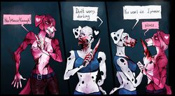 anthro blood bodily_fluids canid canine canis dalmatian domestic_dog dottipink duo female female/female gore hi_res knife_play knive kolkolukija macabre mammal maniac pain scared yuri