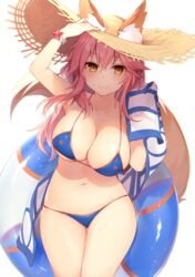 animal_ear_fluff animal_ears bikini blue_bikini blush breasts cleavage ears_through_headwear fate/grand_order fate_(series) female fox_ears fox_tail hat innertube large_breasts long_hair looking_at_viewer muryotaro navel pink_hair side-tie_bikini simple_background smile solo straw_hat sun_hat swimsuit tail tamamo_no_mae_(fate) tamamo_no_mae_(swimsuit_lancer) towel white_background yellow_eyes