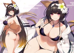 absurdres animal_ear_fluff animal_ears ass bangs bare_shoulders bikini black_hair blush bracelet breasts cleavage eyebrows_visible_through_hair fang_out fate/grand_order fate_(series) female flower fox_ears fox_tail from_behind glasses hair_flower hair_ornament highres jewelry lady_foxy large_breasts long_hair looking_back low_twintails magatama magatama_necklace multiple_views muryotaro navel oerba_yun_fang osakabe-hime_(fate) parted_lips photoshop_(medium) pink_eyes pom_pom_( red-framed_eyewear scan shiny shiny_clothes shiny_hair shiny_skin side-tie_bikini smile sweat sweatdrop swimsuit tail thigh_gap thighs thong_bikini twintails x_hair_ornament