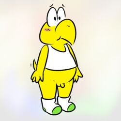 1:1 1boy blush bottomless clothed clothing footwear full_body genitals koopa koopa_troopa legwear male male_only mario_(series) nintendo nishi_oxnard penis scalie shirt simple_background small_penis socks solo standing tank_top topwear video_games white_clothing white_shirt white_topwear