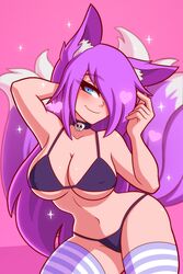 1girls animal_ears arm_behind_head bikini blue_eyes blush breasts chemical_bro collar covered_nipples dirtykuro female fox_ears fox_tail hair_over_one_eye heart highres kuro_(foxykuro) long_hair looking_at_viewer multi_tail multiple_tails navel original pink_background purple_hair simple_background skull skull_collar solo sparkle striped striped_legwear tail thighhighs very_long_hair wide_hips