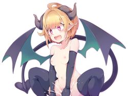 ahoge black_gloves black_legwear blonde_hair breasts cum cum_in_pussy demon_girl demon_horns demon_tail demon_wings elbow_gloves female gloves heart heart-shaped_pupils highres horns implied_sex ls-lrtha medium_breasts nipples open_mouth original out-of-frame_censoring pink_eyes pointy_ears short_hair simple_background squatting symbol-shaped_pupils tail thighhighs white_background wings