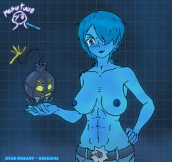 1girls belly big_breasts blue_eyes blue_hair blue_skin bomb breasts female female_only half-dressed mesutuan muscles muscular_female netricsa nipples no_bra pants ryan_durant serious_sam short_hair six_pack smile