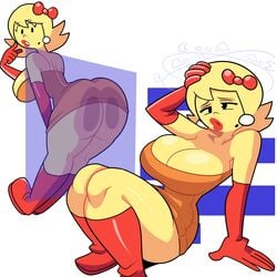 against_glass ass ass_on_glass big_ass breasts cleavage dizzy female female_only huge_breasts humanized lipstick mole ms._pac-man namco pac-man_(series) pressed_on_glass superspoe thick_thighs