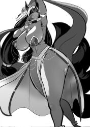 animal_ears anthro big_breasts big_thighs black_and_white black_hair breasts eyepatch female gun long_hair lorelei_(gameruninformed) midriff oc one_eye_covered original original_character sakiyume11 smile smiling solo solo_female thighs weapon