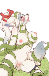 1girls 2020 anthro blush bodily_fluids breasts canid canine canis crying cum cum_in_mouth cum_in_pussy cum_inside female fur genital_fluids genitals green_tentacles hair hakuro_(onmyoji) hi_res mammal mzhh navel nipples onmyoji open_mouth pink_nipples pussy pussy_juice pussy_juice_string restrained signature solo spread_legs tears tentacle tentacle_around_breasts white_body white_fur white_hair wolf