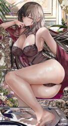 ass bangs bare_shoulders barefoot bitter_jewel_(fate/grand_order) black_bra black_hair black_panties blush bra breasts brown_hair cleavage collarbone fate/apocrypha fate/grand_order fate_(series) feet female flower highres large_breasts lingerie long_hair looking_at_viewer misaka12003 misaka_12003-gou misako12003 panties parted_lips semiramis_(fate) sidelocks slit_pupils thighs toes underwear very_long_hair yellow_eyes