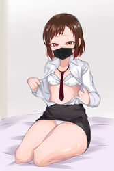 bang_dream! bangs bare_legs bed_sheet black_mask black_skirt blush bra breasts brown_eyes brown_hair collared_shirt female frilled_bra frills grey_background hazawa_tsugumi highres jokarara kneeling long_sleeves looking_at_viewer lying mask mouth_mask necktie on_stomach open_clothes open_shirt opened_by_self panties pencil_skirt red_neckwear shirt short_hair sitting skirt skirt_lift small_breasts solo swept_bangs thick_thighs thighs underwear white_bra white_panties white_shirt wing_collar