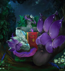 anthro crown deity domestic_cat felid feline felis foot_fetish foot_focus forest forest_background genitals girly hi_res male mammal nature nature_background night oselotti pawpads paws penis plant prosthetic purple_pawpads purple_penis solo tree undefined worship