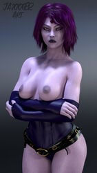 belt breasts breasts_out cape dc dc_comics dcau demon demon_girl hand_on_hip jaxxxer leotard purple_eyes purple_hair purple_skin rachel_roth raven_(dc) skin_tight smooth_skin superheroine teen_titans titans