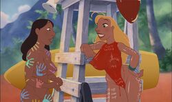 2girls black_hair blonde_hair body_writing bodypaint busty casual dark-skinned_female dark_skin disney edit hourglass_figure human lifeguard_(lilo_and_stitch) lilo_and_stitch long_hair monkeyman_(artist) multiple_girls nani_pelekai nipples painted_clothes public public_nudity tagme wide_hips wristwatch wristwear