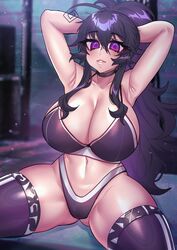 armpits arms_behind_head arms_up big_breasts choker cleavage crawling_dreams curvy dark_hair goth huge_breasts looking_at_viewer nyarla_(crawling_dreams) osiimi ponytail purple_eyes spread_legs thick_thighs thighhighs wide_hips workout_clothes