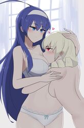 2girls bacantshift1st blonde_hair blue_eyes blue_hair blush breasts cleavage erika_wagner female female_only heart hug large_breasts long_hair multiple_girls nude orie_ballardiae panties red_eyes smile under_night_in-birth underwear white_bra white_panties yuri