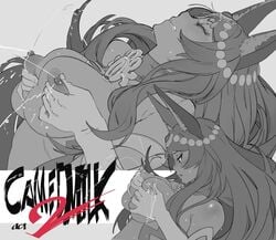 1girls animal_ears bangs blush breast_grab breasts closed_eyes dark-skinned_female dark_skin fate/grand_order fate_(series) female forehead_jewel grabbing greyscale head_chain horn_of_africa jackal_ears lactation large_breasts long_hair monochrome nipple_tweak nipples parted_bangs parted_lips queen_of_sheba_(fate) queen_of_sheba_(fate/grand_order) wr_(karakusa_senbei)