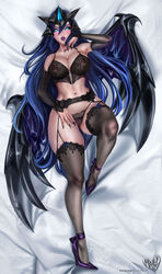 1girls anivia black_lingerie blackfrost_anivia blackfrost_series blue_eyes blue_hair blush blushing bustier fit_female garter_belt garter_straps glowing_eyes goth headgear heels helmet huge_breasts human_version humanized laying_down laying_on_bed league_of_legends lingerie merellyne nylons panties purple_lipstick sharp_fingernails sharp_nails stockings thick_thighs thighhighs very_long_hair white_background wings