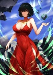 absurdres alternate_costume bare_shoulders black_hair blue_sky breasts cleavage commentary_request day debris dress female fubuki_(one-punch_man) green_eyes highres jewelry large_breasts necklace one-punch_man open_mouth red_dress rock short_hair sky telekinesis zcheng_weibing