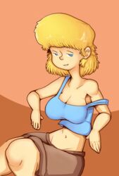 1girls big_breasts blonde_hair blue_tank_top bootlegjones breasts cleavage khakis large_breasts lori_loud midriff navel over_shoulder short_hair shorts solo solo_female solo_focus stomach tank_top the_loud_house